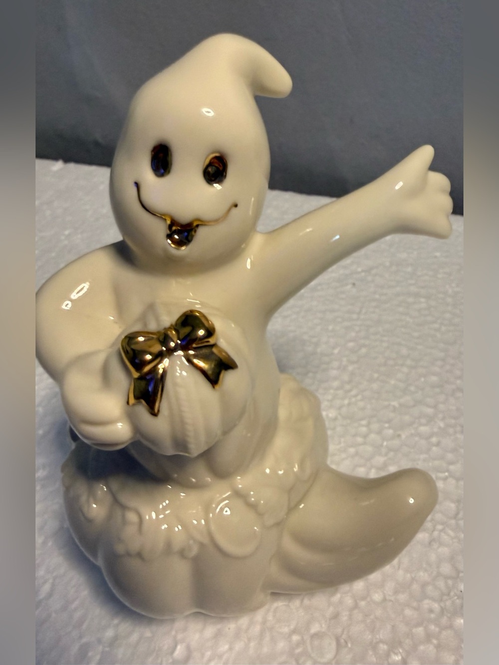 Lenox White Porcelain Halloween Ghost Pumpkin Figurine Gold Accents 5 Inches